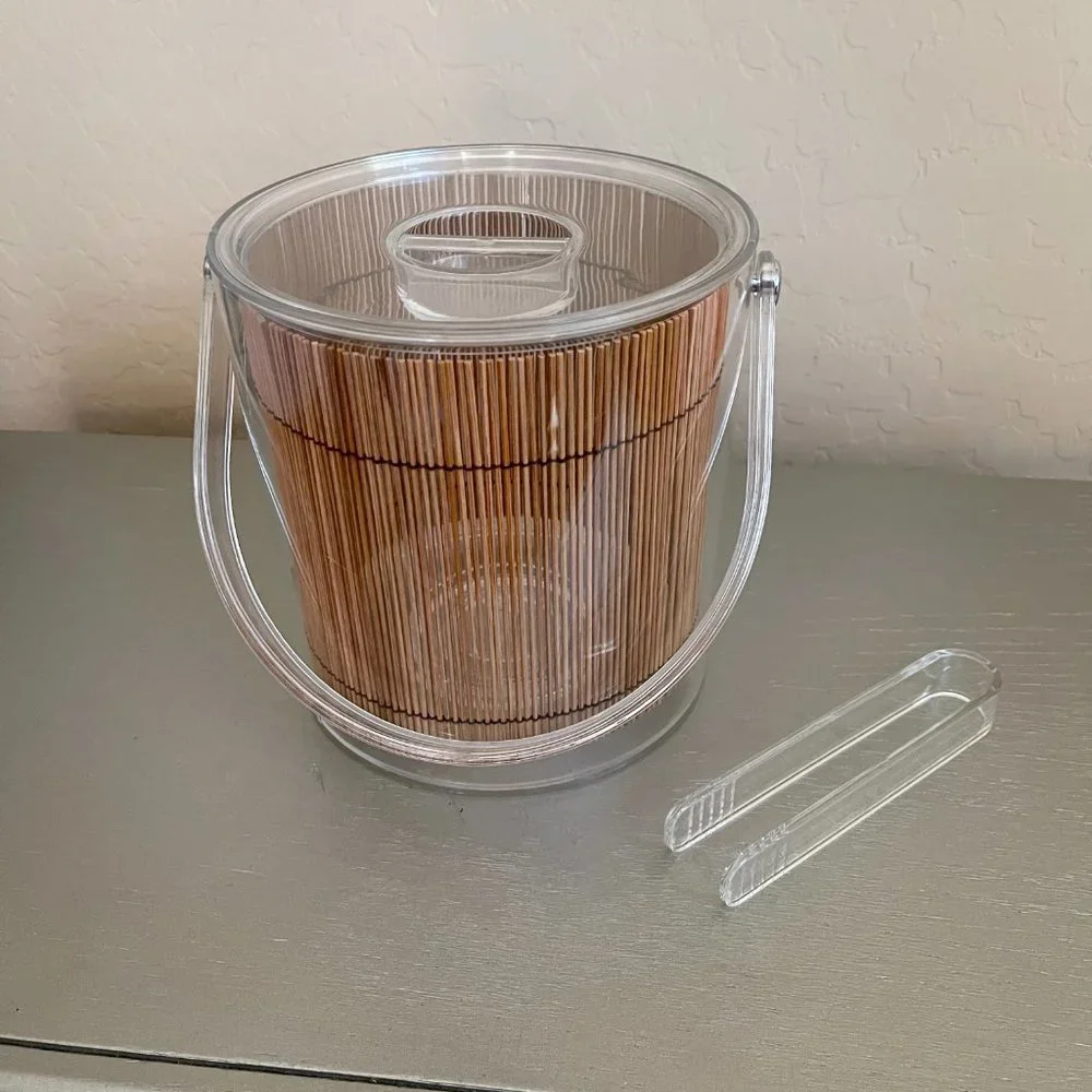 Clear Lucite Bamboo Tiki Ice Bucket With Handle Includes Matching Tongs